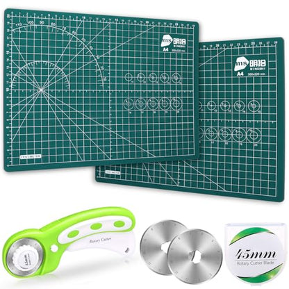 Chunful 5 Pcs Rotary Cutter Set 2 Pcs A4 Self Healing Cutting Mat & 45mm Fabric Cutter Wheel with 2 Blades 9 x 12 Inch Sewing Cutting Mats for Crafts Quilting Patch Working Hobby