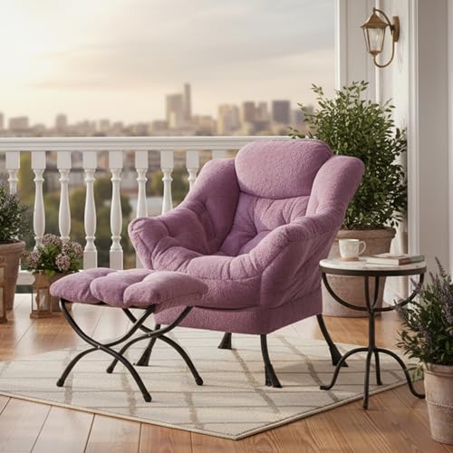 Tiita Lazy Chair with Ottoman, Comfy Reading Accent Chair, Plush Purple - color: Plush-purple