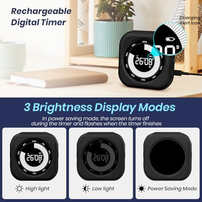 PERSUPER Visual Timer for Kids, Rechargeable 10-Hour Count Up/Down Timer | with 3 Brightness Display, 3 Volume Levels and Magnetic, Homeschool Study Tool, Large Digital Timers for Kitchen, Classroom - color: Black-1