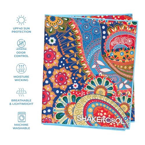 SHAKEitCOOL Extended Size Cooling Towel – Be Cool in Style - Heat Relief, Soft, Lightweight, Sun Protection, Easy Clean - Perfect for Biking, Hiking, Running, Yoga, Golf, Gardening - Bright Paisley M - color: Bright Paisley