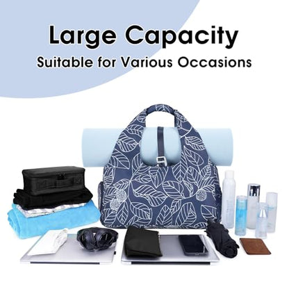 Sportsnew Tote Yoga Mat Gym Bag 20L Women W/Shoe Compartment Wet Dry Pocket | Water-Resistant Gym Tote - Mat Strap, Ventilated Shoe Bin, Wet Pocket, Padded Handle, Multi Pockets, Side Mesh & Key Clip - color: Navy Blue Leaf