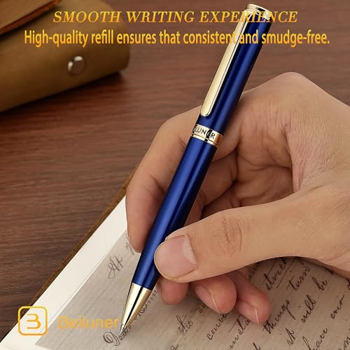 BEILUNER Blue Lacquer Gel Pen - Stunning Luxury Pen with 24K Gold Finish, ADMOK Black Refill, Executive Gift Set for Family & Friends, Writing, Fancy, Office, Retractable Pens - color: Blue and 24K Gold Finish