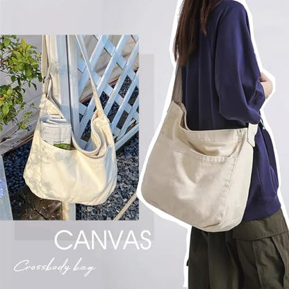 Canvas Tote Bag Casual Hobo Crossbody Shoulder Bag for Women and Men Large Purse Messenger Bag Travel Work - color: 1-b Beige