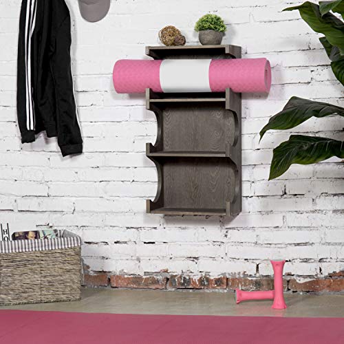 MyGift Yoga Mat Holder with Shelf, Wall Mounted 3 Tier Foam Roller Exercise Mat Storage Rack, Gray Wood Wall Organizer for Home Gym