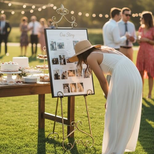 60” H Vintage Easel Stand for Sign Metal Adjustable | Large Display Standing for Displaying Pictures Wedding Poster Holder Showcasing with Chain Support - color: Scrollwork Floral Top-Vintage