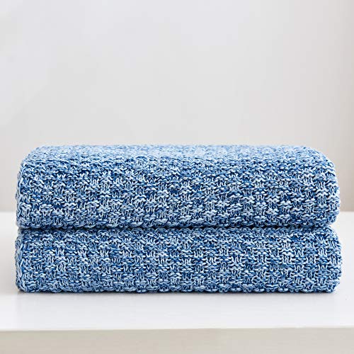 Longhui bedding 소파용 블루 니트 담요, 부드럽고 아늑한 세탁기 세탁 가능한 100% 면 소파 니트 담요, 무거운 1.3kg(2.8파운드), 127 x 160cm(50 x 63인치), 블루 및 화이트 색상, 세탁 가방 포함 - color: 블루 화이트., size: 51" x 63", Standard