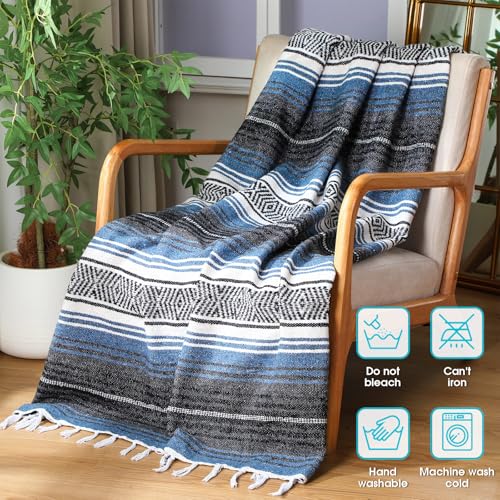 Oudain Mexican Blanket Woven Authentic Falsa Throw 45 x 70 Inch – Authentic Baja Serape Saddle Blanket Outdoor for Restorative Yoga, Beach, Picnic, Couch, Car Travel(Coastal Calm) - color: Coastal Calm
