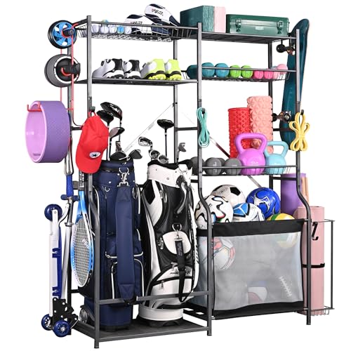 PLKOW Extra-Large Ball and Sports Equipment Storage Rack, Black | Stores 8–10 balls, 2 golf bags, shoes, weights, yoga mats, and sports gear with 1 adjustable wire basket. - color: Black, 66.3"Lx15.7"Wx66.1"H