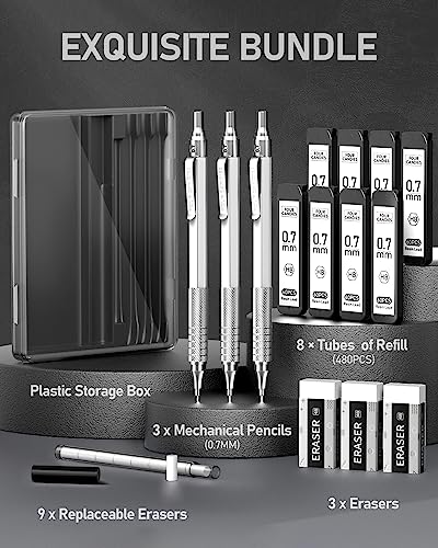 Four Candies Metal Mechanical Pencil Set with Case, 0.7mm, 3-Pack, Silver | 480PCS HB Lead Refills, 3 Erasers+9 Eraser Refills, Anti Grip, for Drafting, Engineering, Technical Drawing, Art Projects - color: Silver, style: 0.7 MM