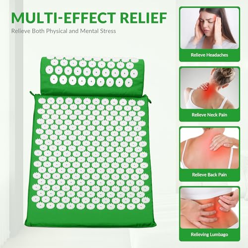 Fitvids Acupressure Mat and Pillow Set for Back/Neck Pain, Acupuncture Products to Relieve Muscle Fatigue, Improve Insomnia for Sedentary People, Acupuncture Eases Stress, Massage Mat, Green - style: Forest Green