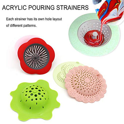 5P Acrylic Pouring Strainers Fluid Art Tools DIY Abstract Pour Painting | Silicone & Plastic Strainers With Unique Hole Patterns. Easy To Clean, Reusable for Acrylic Pouring And Flow Painting.