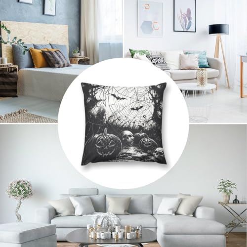 Pumpkins Skulls Spider Web Black White Throw Pillow Covers 18x18 Inch - color: Halloween Pattern Black White