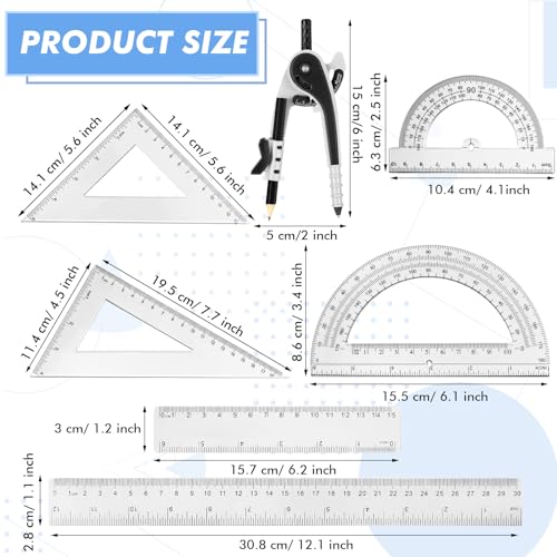 Zonon 1 Set Plastic Geometry Math Set 7 Pcs Includes 6'' / 4 '' Protractor, Drawing Compass, 45/60 Degree Triangle Rulers, 12'' / 6'' Math Ruler Transparent for Office Supplies(Clear) - color: Clear