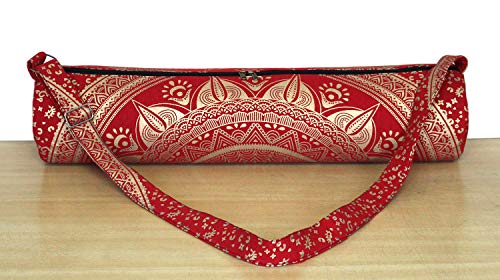 ICC Black Gold Mandala Full-Zip Exercise Yoga Mat Carry Bag Gym Beach Pilates Carrier Bags Hippie Mandala Indian Cotton Bag - style: Red Trishol Gold