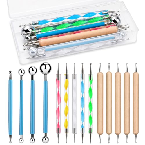 LOKUNN 14 Pcs Dotting Tools Embossing Tool Dotting Tools Set Rock Painting | Mandala Dot Painting Tools Ball Styluses with Box, Ball Tip Clay Tools, Pottery Clay Modeling Embossing Nail Art - size: 14 PCS