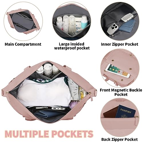 Gym Bag for Women, Sports Travel Duffel Bag with USB Charging Port, Weekender Overnight Bag with Wet Pocket and Shoes Compartment, Carry On Tote Bag Gym Yoga Duffel Bag for Men Women - color: Pink