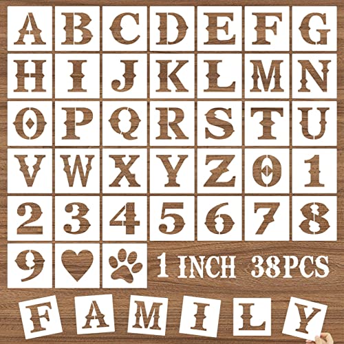 1 Inch Letter Stencils and Numbers, 38 Pcs Alphabet DIY Craft Stencils, Reusable Plastic Drawing Templates for Painting on Wood, Wall, Fabric, Rock, Floor, Signage, Door Porch - size: 1 Inch