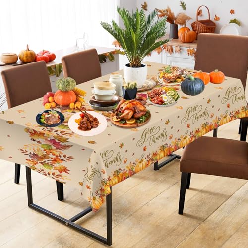 3 Pcs Thanksgiving Tablecloth Disposable - Fall Give Thanks Table cloth, Rectangle Plastic Maple Leaf Pumpkin Table Cover for Fall Harvest Thanksgiving Party Decorations Supplies Favors, 54x108 Inch - color: Thanksgiving
