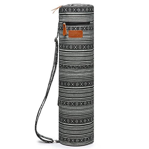 Yoga Mat Bag for Women & Men, Full-Zip Canvas Pilates Bag with Pockets | Lightweight Yoga Mat Carrier with Adjustable Shoulder Strap, Fits 1/4 & 1/3 Inch Thick Mats, for Studio Gym Travel Workout - color: Black and White