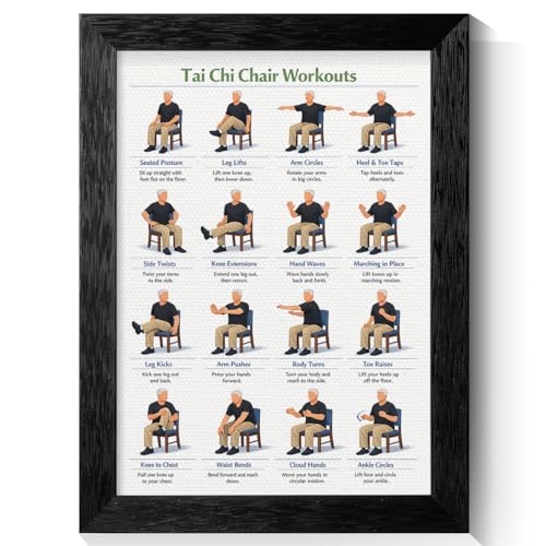 Framed Tai Chi Chair Workout Chart Poster, Seated Exercises for Beginners and Seniors Canvas Wall Art, Adult Home Fitness Guide Wall Decor, Daily Slow Flow Exercise for Gym 20x30in - color: Workouts 03, size: 30"L x 20"W, style: Framed