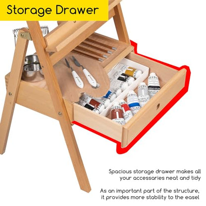 MEEDEN Forward Tilt Studio H-Frame Easel with Art Supply Storage Drawer - Adjustable (58"~75") Solid Beech Wood Easel Stand for Artists, Students and Beginners, Holds Canvas Art up to 37" - color: Natural