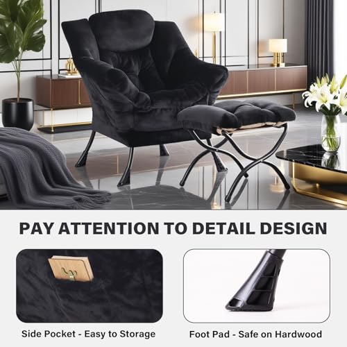Tiita Lazy Chair with Ottoman, Comfy Reading Accent Chair, Plush Black | Foldable Footrest, Padded Seat and Backrest, Side Pocket for Lounging in Living Rooms, Bedrooms, Dorms and Small Spaces - color: Plush-blak