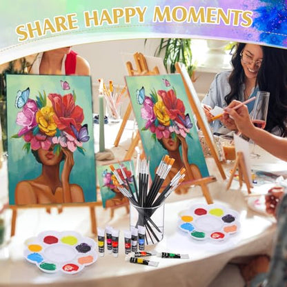 Cholemy 8 Set Paint and Sip Kit for Adults 8'' x 10'' Pre Drawn Canvas with Wooden Easels Acrylic Paint Brushes Wash Cup Palette Apron for Painting DIY Date Night Party Supplies(Flower Lady) - style: Flower Lady