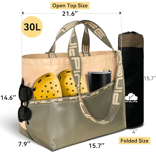 Large Foldable Waterproof Tote Bag, Heavy Duty for Beach & Swim - color: Beige/Olive