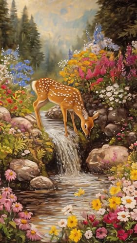 ARTGOTO Large Paint by Numbers for Adults Woodland Deer | 15.7x27.5inch/40x70cm Paint by Number Kit on Canvas, Forest Waterfall Wildlife Acrylic Painting Set with Brushes, No Frame - color: PBN065