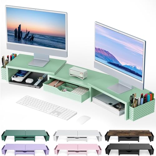 gianotter Dual Monitor Stand Riser With Drawer and 2 Pen Holders - color: Sage Green