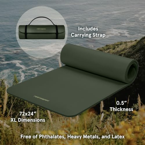 Retrospec Solana Yoga Mat Thick 1/2in Non-Slip Workout Mat with Nylon Strap - 72x24in Exercise Mat for Pilates, Stretching & Fitness - BPA Free, Easy Clean - color: Wild Spruce