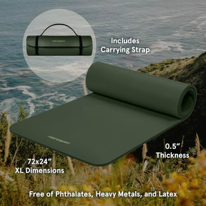 Retrospec Solana Yoga Mat Thick 1/2in Non-Slip Workout Mat with Nylon Strap - 72x24in Exercise Mat for Pilates, Stretching & Fitness - BPA Free, Easy Clean - color: Wild Spruce
