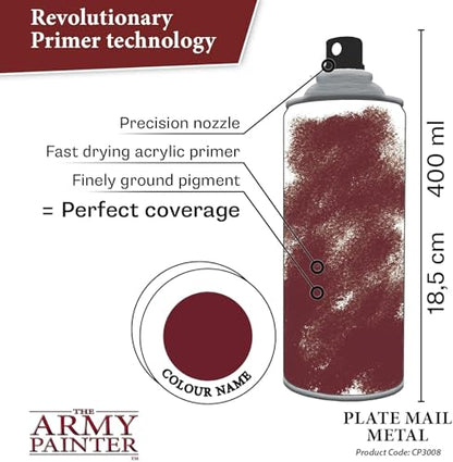 The Army Painter, Colour Primer Plate Mail Metal, 400 ml acrylic spray | Spray Paint Basecoat for Miniature Model Undercoat Priming, Plastic Wargames, DnD & Warhammer - color: Plate Mail