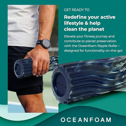 Oceanfoam Ripple Travel Foam Roller (11" x 3.35") Firm Mini Foam Roller for Physical Therapy, Deep Tissue Massage, Back Pain - High Density, Wave Textured - Yoga (Dark Navy, Hunter & Seafoam Marbled) - color: Dark Navy, Hunter & Seafoam Marbled