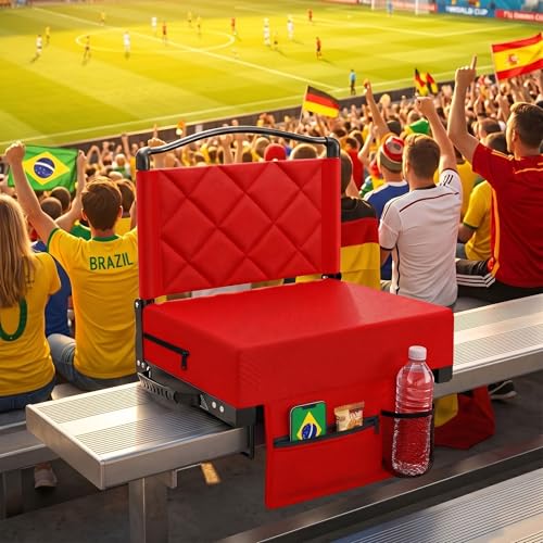 Stadium Seats with Back Support and Cushion Thick Padded Bleacher Chairs with Shoulder Strap, Portable Folding Stadium Seat Chairs for Bleacher Includes Cup Holder and Side Pocket, Red - color: With Pocket-red, size: 1pcs