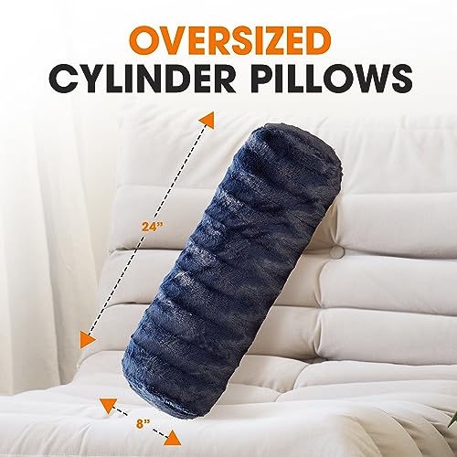 Cheer Collection Faux Fur Bolster Pillows – Soft Decorative Cylinder Pillows for Bed or Couch, Machine Washable – 8” x 24”, Set of 2, Blue - color: Blue