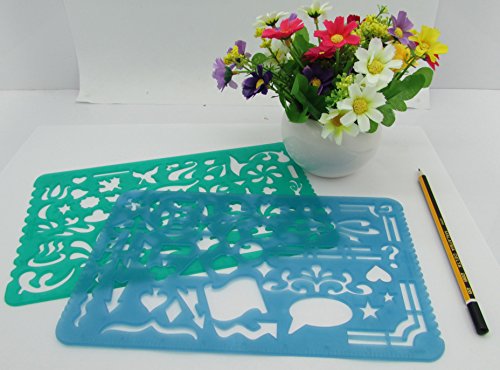 Set of 2 Plastic Stencil Art Templates Drafting Ruler with Various Cut Out Designs for Art and Craft Projects, Artistic Drawing, Tracing, Painting - Ideal for Professionals, Students and Kids