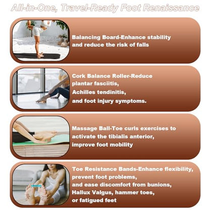 Cork Balancing Board Foot Restoration and Balance Kit with Massage Ball & Resistance Bands – Plantar Fasciitis Recovery, Improve Foot Health | Sports & Outdoors Balance Boards