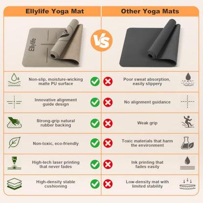 Yoga Mat - Non Slip Natural Rubber Yoga Mat, Alignment Lines, Ultimate Grip | Anti-Tear, Durable & Thick 5mm, Skin-Friendly with Free Carry Strap, Bag, for Yoga, Pilates Fitness and Floor Exercises - color: Beige