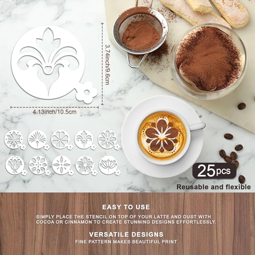 Sitsink Mandala Flower Coffee Stencils - 25 Pcs Stencils for Cookies Sourdough Bread Decor, Reuable Template for Crafts Floral Design - style: flower coffee