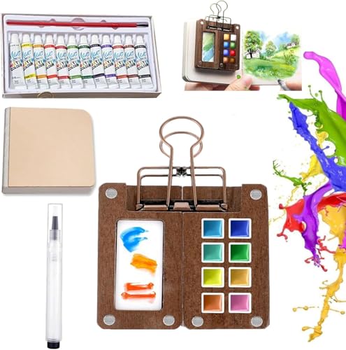 Mini Travel Watercolor Set – 12 Colors Portable Pocket Painting Kit with Wooden Palette, Magnetic Lid, Water Brush, Sketchbook & Clips – Compact Art Supplies for Artists & Hobbyists (Walnut-8 Grids) - color: Walnut-8 Grids