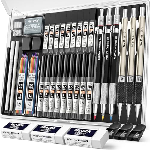 Nicpro 35PCS Art Mechanical Pencil Set, 3 PCS Metal Drafting Pencil | 0.5 & 0.7 & 0.9mm & 3 PCS 2mm Lead Holder (6B 4B 2B HB 2H 4H Colors) For Sketching Drawing With 20 Tube Lead Refills Case - color: Black, style: 0.5 0.7 0.9 2.0