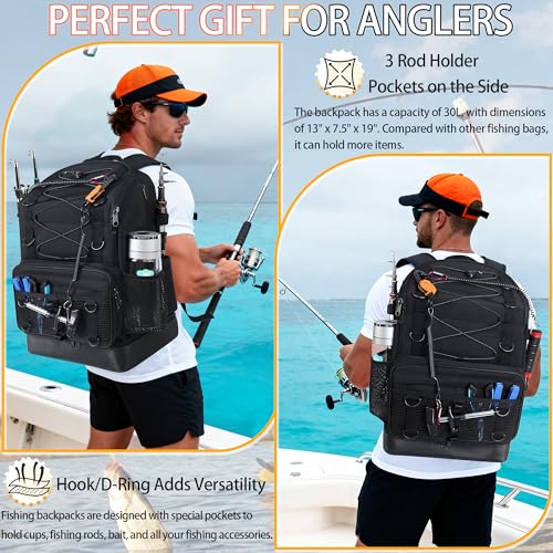 Fishing Backpack with Rod Holder, Heavy Duty Fishing Bag with Waterproof Bottom, Tackle Backpack Gifts for Man Woman-Black - color: Black