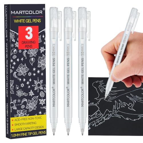 MARTCOLOR White Gel Pens, 3 Pack 1.0mm Extra Fine Point White Gel ink Pens | Opaque Archival Ink Pen for Black Paper Drawing, Art Highlight, Illustration, Bullet Journaling, Card Making & DIY Projects - style: White - 1.0mm