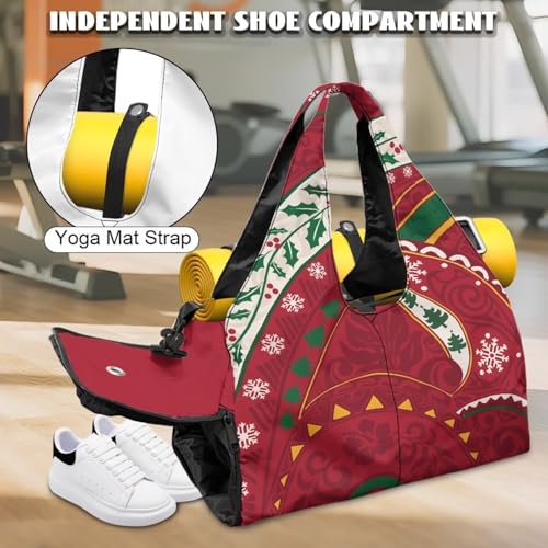 Yoga Gym Bag with Removable Adjustable Shoulder Strap, Shoe Compartment & Top Yoga Mat Holder 17.72x8.66x9.84in - color: Christmas Polynesian Print