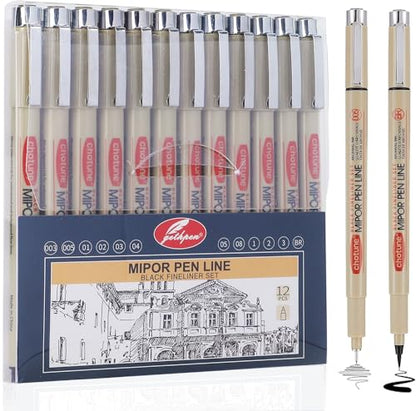 GETHPEN Micro Fineliner Set, Waterproof Archival Ink Fine Line Drawing Pens | 12 Black Fine Line Waterproof Ink Set Artist Supplies Archival Inking Markers Liner Sketch Outline Anime Manga Watercolor