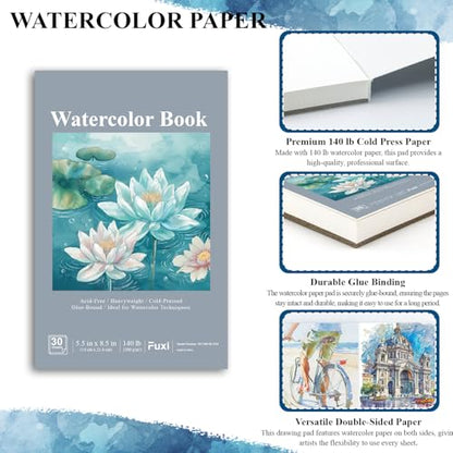 Fuxi Small Watercolor Sketchbook, 2-Pack - 5.5" x 8.5" | 140lb/300gsm Cold Press Watercolor Paper, 30 Sheets Per Pad. - color: Mist Blue