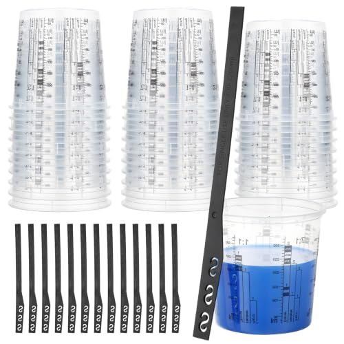 30 Pack 10oz 320ml Clear Plastic Paint Mixing Cups with 30 Stir Sticks - Disposable Graduated Measuring Cups for Paint, Resin & Epoxy with ML Scale & 3-Column Ratios (1:1-7:1) for DIY Crafts - size: 10oz / 320ml
