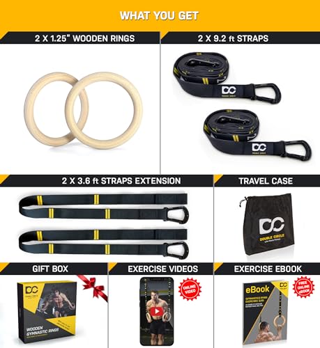 Double Circle Wood Gymnastics Rings with Quick Adjust Numbered Straps and Exercise Videos Guide - Full Body Workout Rings, Calisthenics, Home Gym (Multi-Size) - style: Rings & Straps - Extra Long