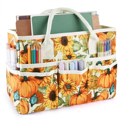 Craft Organizer Tote Bag with Multiple Pockets,Scrapbooking Art Storage | Portable Travel Containers for Caddy,Art and Craft Sewing Bag,Daily Use and Office Supplies Storage.Pumpkin Flower - color: Pumpkin Flower